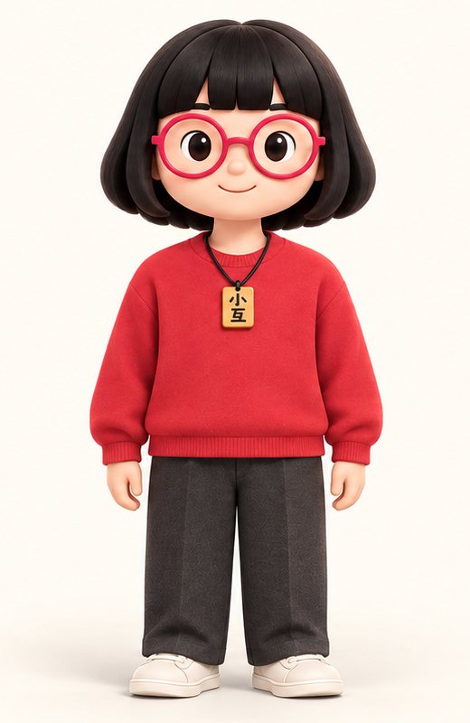 小互的 3D 形象:黑色短发、红框圆眼镜、红毛衣,胸前挂着「小互」金吊牌